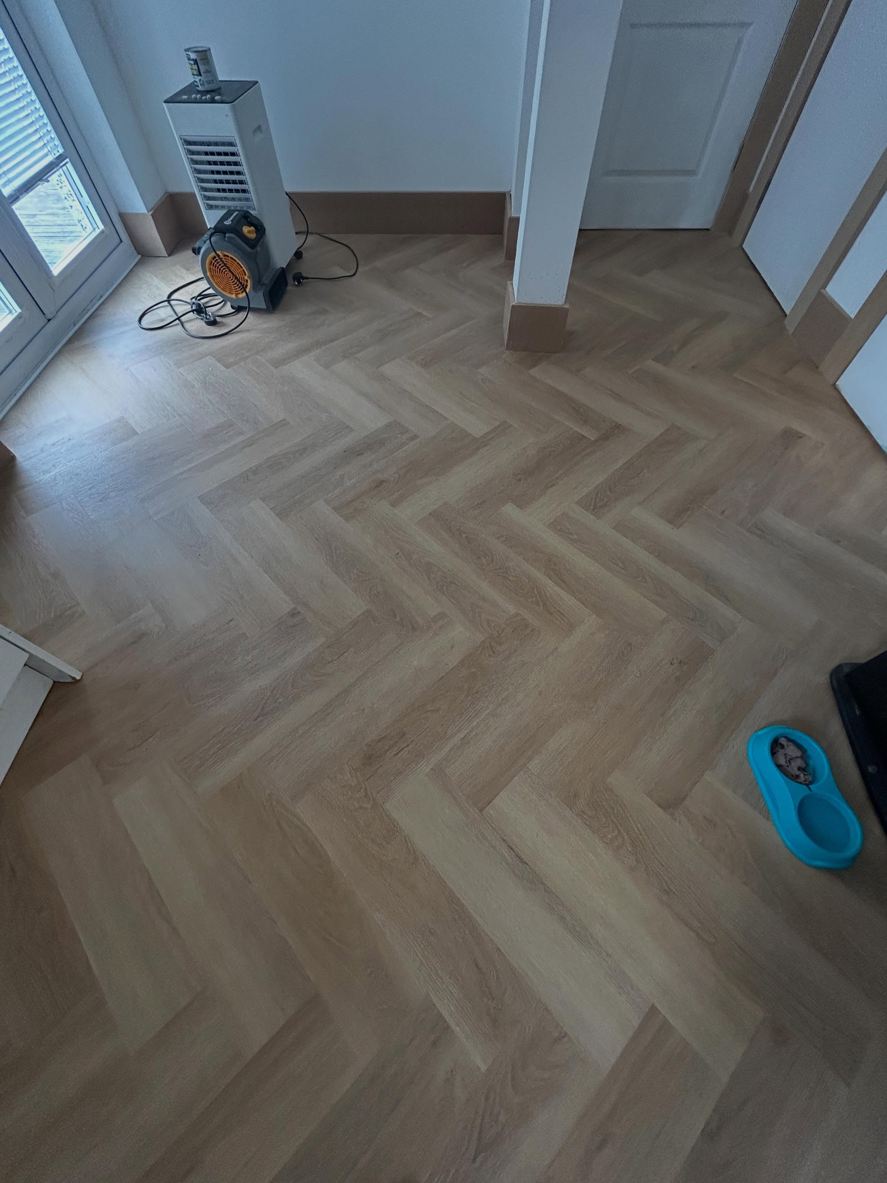 Precision herringbone flooring with MDF board facings